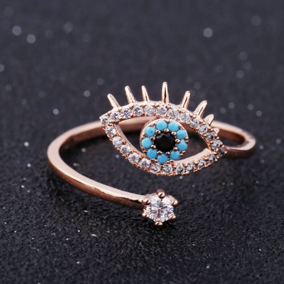 NEW ROSE GOLD BLUE EVIL EYE RESIZEABLE RING - Picture 5 of 6